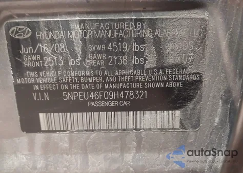 2009 Hyundai Sonata Se V6 из США, поврежденный, VIN 5NPEU46F09H478321